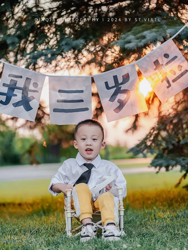 孩子坐在草地上，身后挂着写有三岁生日字样的彩旗